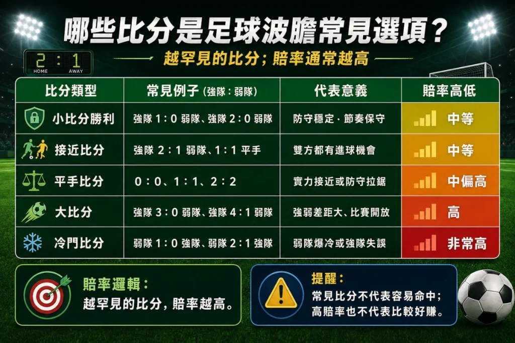 波膽常見比分圖
足球波膽常見比分說明,整理小比分、接近比分、平手、大比分與冷門比分。