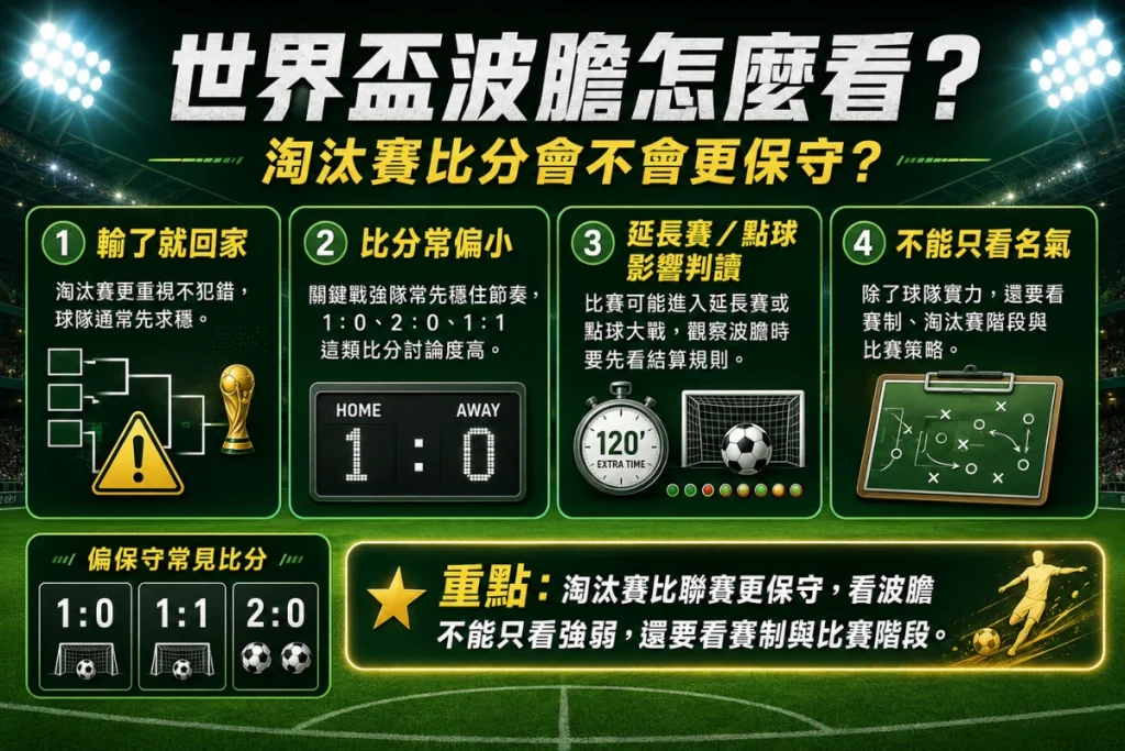 世界盃波膽分析說明,介紹淘汰賽比分偏小、延長賽點球與賽制判讀重點。