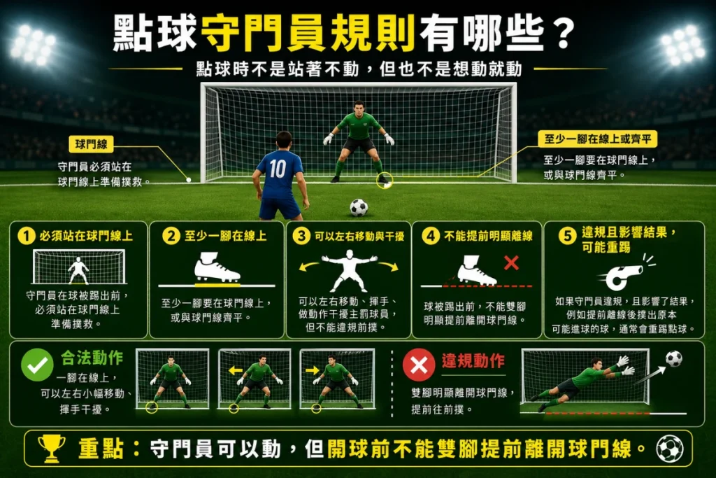 點球守門員規則說明，介紹球門線站位、提前離線與重踢判定。