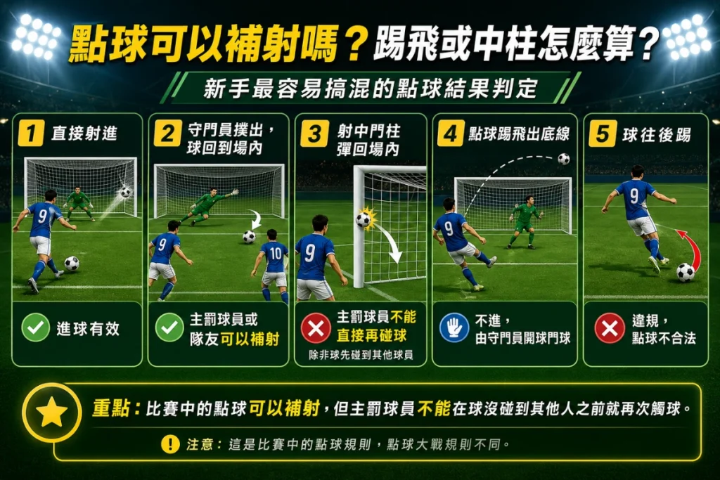 點球補射規則說明，介紹射進、撲出、中柱、踢飛與二次觸球判定。