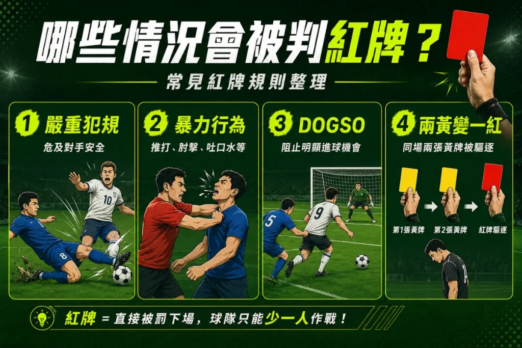 足球紅牌判罰情況說明，整理嚴重犯規、暴力行為、DOGSO 與兩黃變一紅規則。