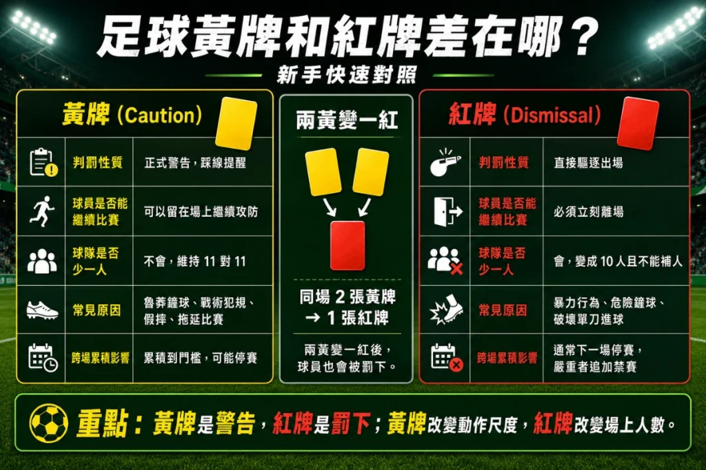 足球黃牌紅牌差異圖解：黃牌警告、紅牌罰下與兩黃變一紅
